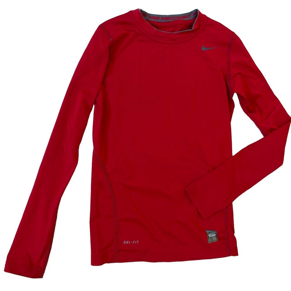 NIKE Pro Combat Dri-Fit Boys Youth M Red Long Sleeve Compression Shirt